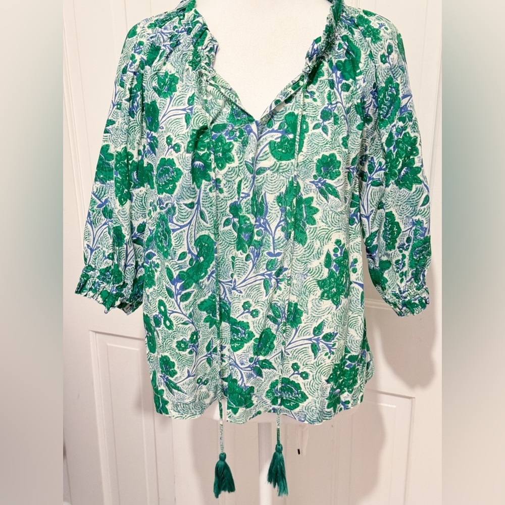 Ro’s Garden Green Blue 100% Cotton Blouse Sz Large Anthropologie Boho Vibes - Picture 1 of 10